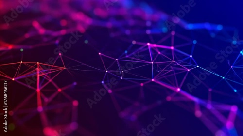 A vibrant, colorful network of connected nodes and lines in a gradient of blues and pinks