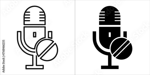 Microphone icon with mute symbol in outline and solid black