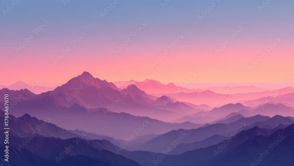 Obraz premium Misty mountain range at sunrise, soft pink and purple hues