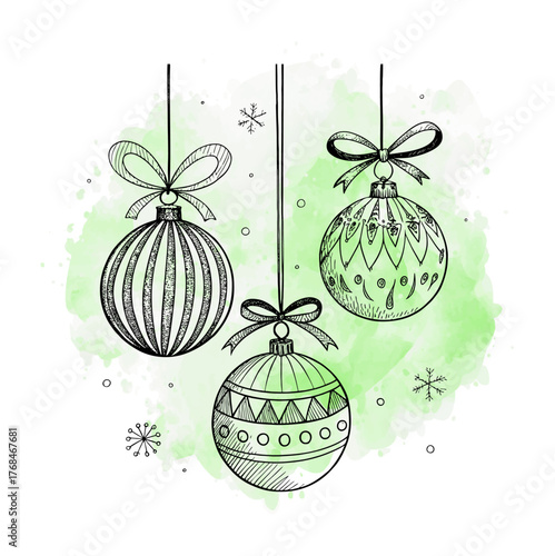 Hand-drawn Christmas baubles line art illustration with green watercolor background, minimalist festive decoration design