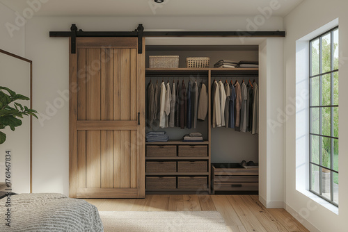 Closet with sliding barn doors, modern farmhouse style, neutral textures and functional layout