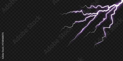Violet lightning strike, thunder light effect. Electric energy charge, thunderbolt element. Storm power discharge.