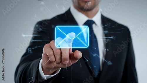 Businessman in Suit Interacting with Holographic Email Icon on Grey Background Focus on Hand for Online Communication and Virtual Technology