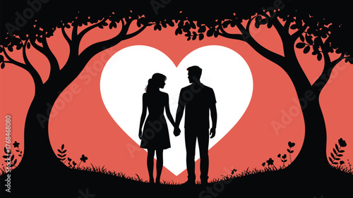 Romantic couple holding hands in silhouette against a heart backdrop, perfect for expressing love and commitment for Valentine's Day promotions