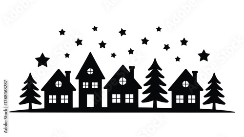 Charming winter village silhouette with twinkling stars, perfect for holiday crafts and festive designs, adding a touch of seasonal magic and cheer