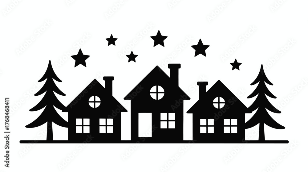 Fototapeta premium Charming silhouette of houses, Christmas trees, and stars creating a cozy neighborhood scene perfect for holiday crafts and festive decorations