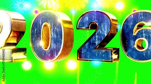 2026 Happy New Year numbers and fireworks celebrated text motion graphics on transparent greenback as 3d modeling seamless loop animation and photorealistic objects and materials.