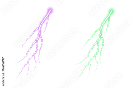 PNG, electrical discharges spark. Bright neon lightning effect. Energy power flash. Storm light.