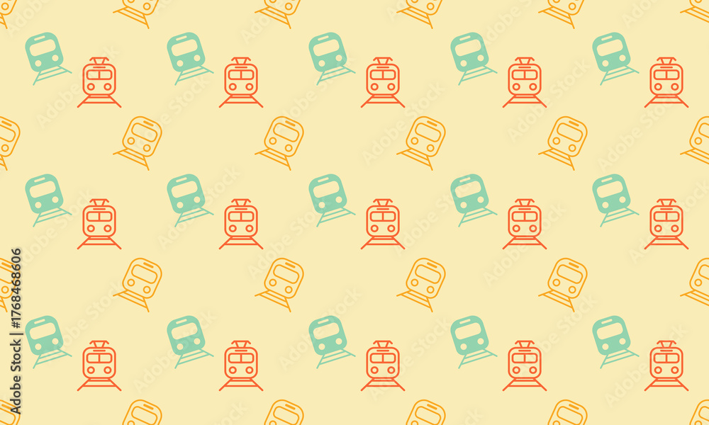 Fototapeta premium Seamless pattern with colorful minimalist train icons on a yellow background for transportation design