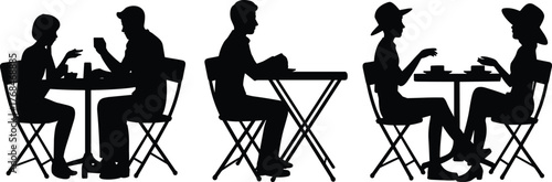 Cafe silhouette, couple dining, table conversation, beverage moment, outdoor seating, vector illustration, black graphic, social connection, date experience, leisure atmosphereCafe silhouette,