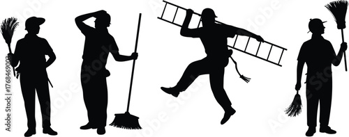 Worker silhouette, janitor figure, cleaning pose, maintenance staff, broom illustration, sweeping action, ladder carrier, vector graphic, black design, hygienic conceptWorker silhouette