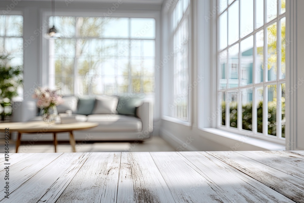 Fototapeta premium Bright sunlit living room with large windows and a soft sofa