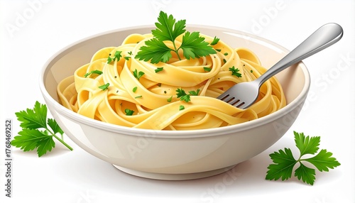 Detailed vector illustration of a bowl of creamy fettuccine pasta, perfectly twirled with a fork, and garnished with fresh parsley and ground pepper on a white background.
