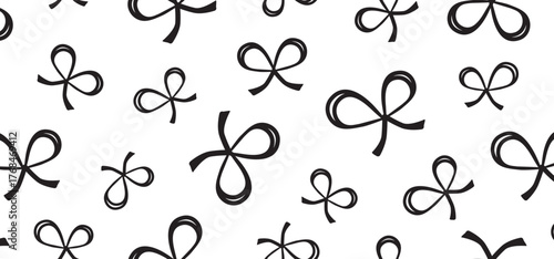 Seamless pattern, small ribbon background. Cute girl print, simple doddle kid. Black shape, romantic drawing border, retro wallpaper. Abstract vector illustration