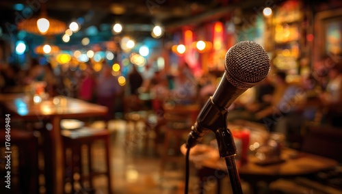 Microphone on stand in dimly lit bar with bokeh background