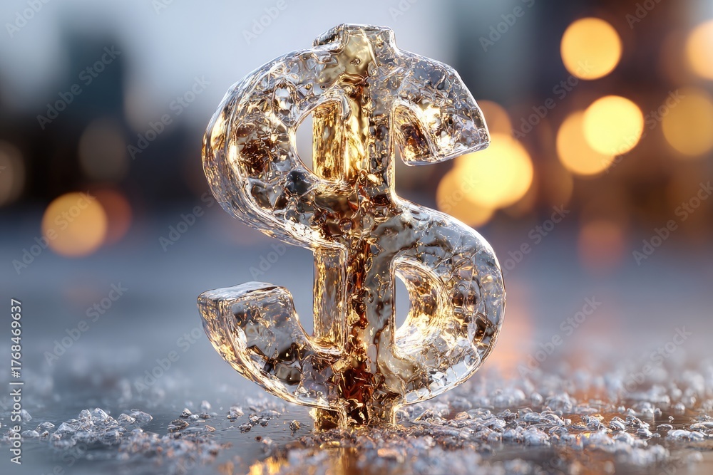 Naklejka premium Translucent ice dollar symbol glistening with light on wet ground