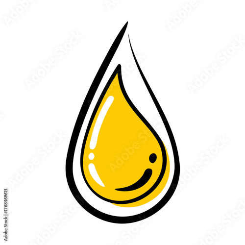 A large, stylized teardrop or droplet illustration with a thick black outline and a glossy yellow fill, representing oil, honey, fuel, or concentrated liquid.