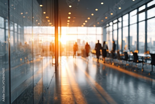 Blurred modern office corridor with people and city view at sunset