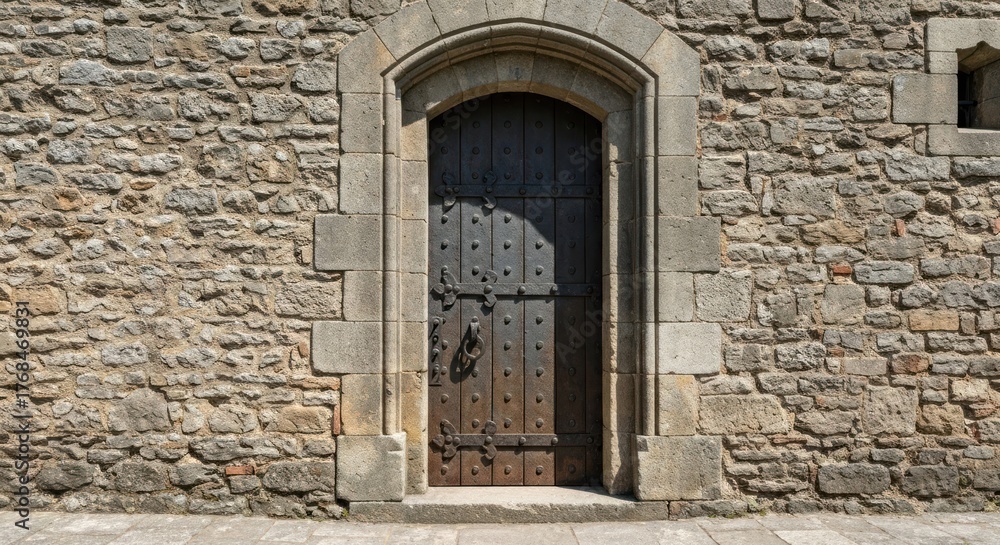 Fototapeta premium Aged stone wall with framed arched doorway and metal door