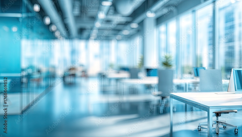 Fototapeta premium Modern, bright office space with cubicles, desks, and large windows