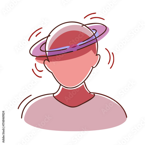 A whimsical cartoon icon of a person with a spinning ring around their head, symbolizing dizziness, confusion, or vertigo. Ideal for health blogs.