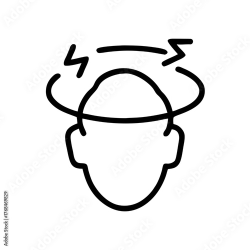 Minimalist line icon of a person's head with a swirling circle and lightning bolts, symbolizing dizziness, vertigo, headache, migraine, concussion, or disequilibrium for medical, health, and wellness 