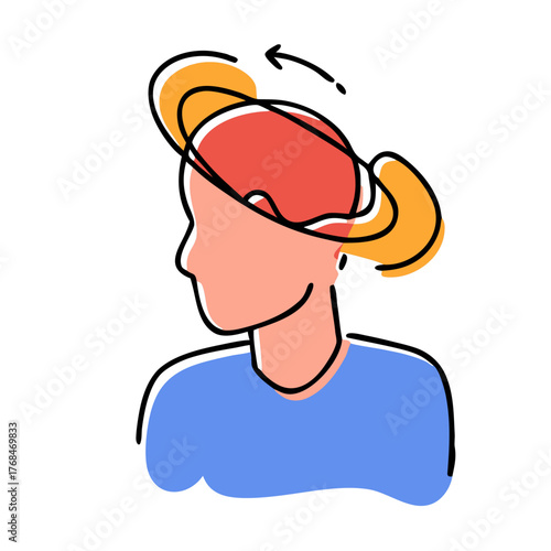 A whimsical cartoon icon of a person with a spinning ring around their head, symbolizing dizziness, confusion, or vertigo. Ideal for health blogs.
