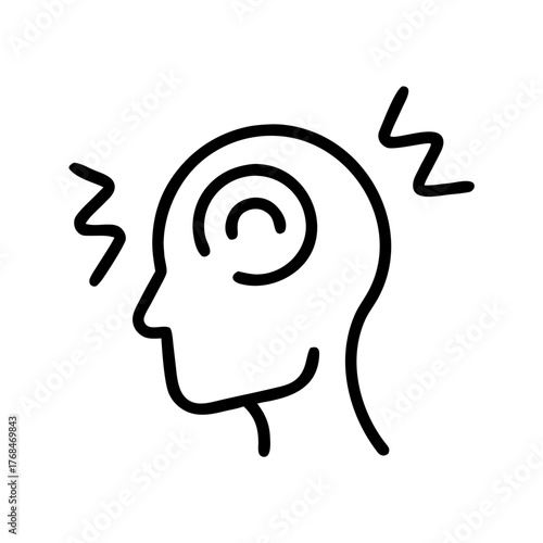Simple line icon of a human head with a spinning target inside, stressed with pain/headache waves. Perfect for sites/blogs on mental health, stress, anxiety, or migraine topics.