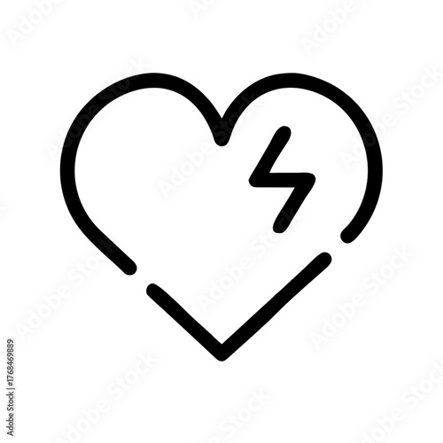 Black outline icon of a heart with an internal lightning bolt, symbolizing energy, power, cardiology, or a vital sign. Use for medical, fitness, or technology sites.