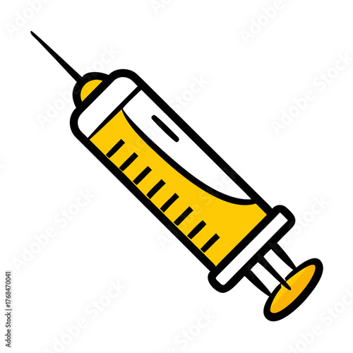 cartoon syringe filled with yellow liquid, representing vaccinations, medical treatments, or health injections. Ideal for medical websites, health blogs, and vaccine awareness campaigns