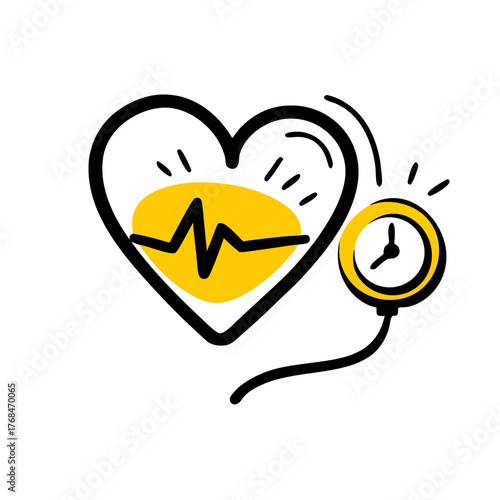Hand-drawn icon of a heart containing a heartbeat EKG line and a blood pressure monitor/sphygmomanometer, symbolizing cardiology, heart health, and vital sign monitoring.