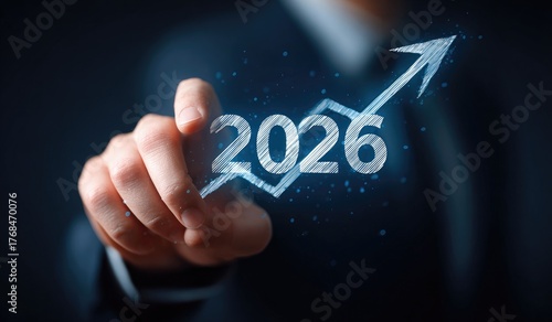 Businessman points at upward trending arrow and year 2026