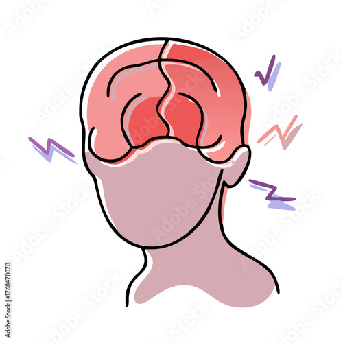 A stylized illustration of a head with a highlighted, aching brain and surrounding pain signals, representing headache or migraine. Ideal for health blogs, medical content, or wellness articles