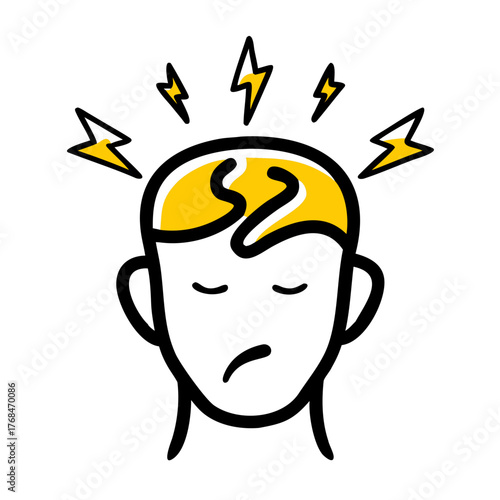 Simple line-art icon of a person with a frowning face and yellow lightning bolts striking their head, symbolizing severe headache, migraine, stress, or mental overload.