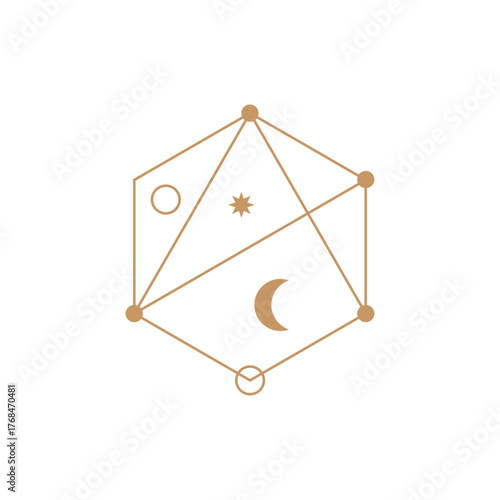 Geometric esoteric hexagram design with lunar element, symbolizing sacred knowledge and cosmic alignment.