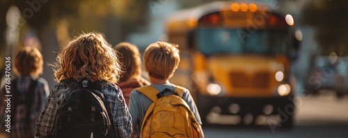 Children with backpacks walk towards a yellow school bus