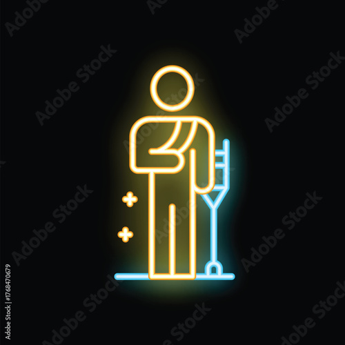 Bright neon icon of a person standing with crutches and an arm sling, symbolizing recovery and rehabilitation