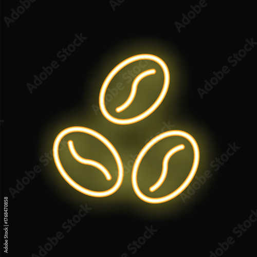 Yellow neon sign illustrating three coffee beans glowing on a black background