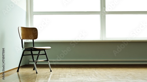 melancholy. Single desk in corner of empty classroom with soft natural light. wellbeing guides, coaching materials, designed for mental health education and mindfulness programs.