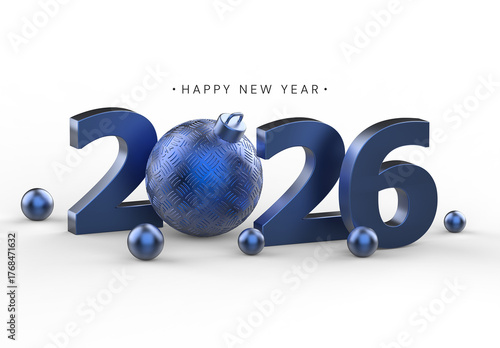 Elegant 3D 2026 Happy New Year Background Mockup with Blue Metallic Ornament