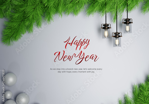 Festive 3D New Year Background Mockup with Pine Branches and Decorative Light Lamps