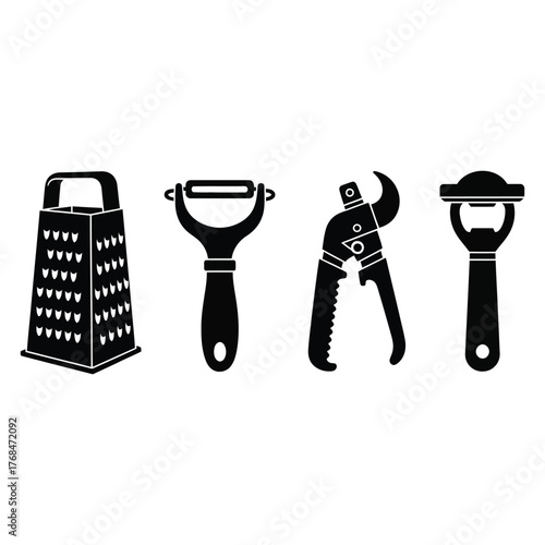 Black Silhouette Icons of Kitchen Grater, Peeler, Pruners, and Bottle Opener Keywords: silhouette, kitchen