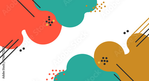 Modern Abstract Background with Fluid Shapes and Memphis Style Elements. White Blank Frame Template for Presentation or Banner Design.