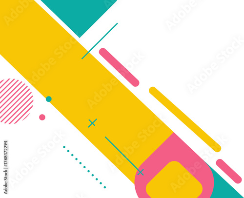Abstract Geometric Background with Memphis Style Shapes. Dynamic Modern Design in Yellow, Pink, and Turquoise for Banners, Templates, and Presentations.