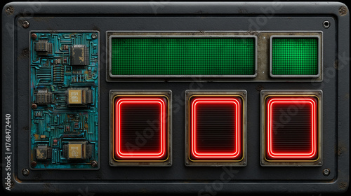 Retro-futuristic control panel with circuit board, glowing red buttons, and green LED screens in a sci-fi industrial interface design.