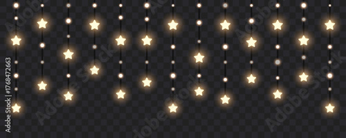 Star shiny lights garland, vertical holiday lights isolated design elements, bright garlands on transparent background, Christmas new year light