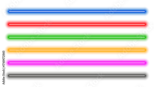 Luminous neon lines isolated, lights lines set in different colors, retro led neon lamp tube, glowing laser beams streaks on white background