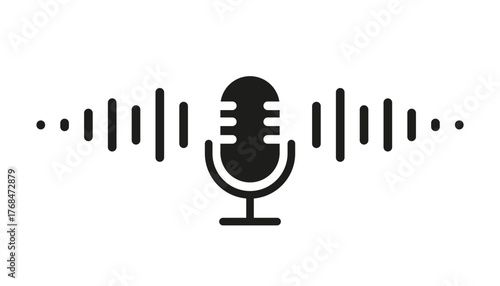 Microphone icon with sound waves, audio voice recognition, recording voice message sign, speech podcast mic symbol