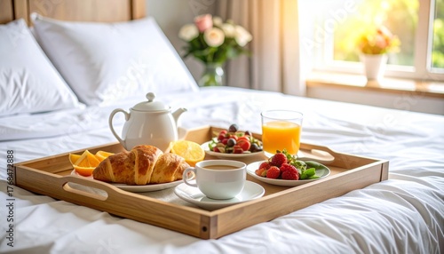 Wallpaper Mural A wooden tray sits on a neatly made bed, filled with a breakfast spread including two golden croissants, a cup of orange juice, another of a different beverage, and several glasses of orange juice Torontodigital.ca