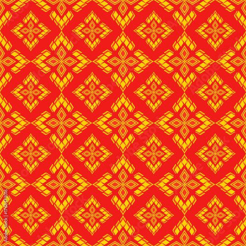 Seamless pattern in applied Thai style. Geometric flowers in golden-yellow on a bright red background. Traditional Asian style.